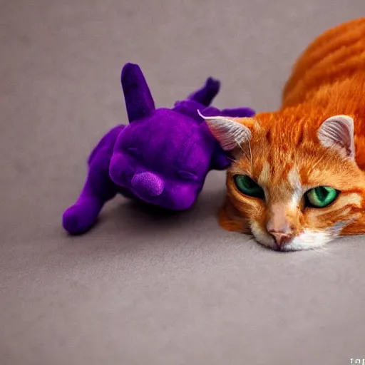 Prompt: tiny adorable purple dragon cuddles an orange tabby cat, realistic, orange tabby cuddles purple dragon, award-winning photography