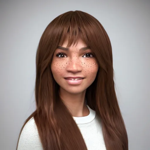 Prompt: Render of April, a cute 3D young woman, long shiny bronze brown hair, full round face, green eyes, light tan skin, a few cute freckles, light blush, smiling softly, wearing casual clothing, interior lighting, cozy living room background, medium shot, mid-shot, hyperdetailed, hyperreal, trending on Artstation, Unreal Engine 4k