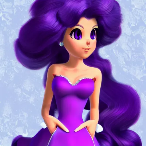 Prompt: The new Nintendo princess twin sister to princess peach wearing a royal purple dress who is a gorgeous supermodel feisty Latina with deep purple hair and a confident and flirty attitude Nintendo concept art. Cute, pretty, young woman's face. Full body shot detailed video game character art.