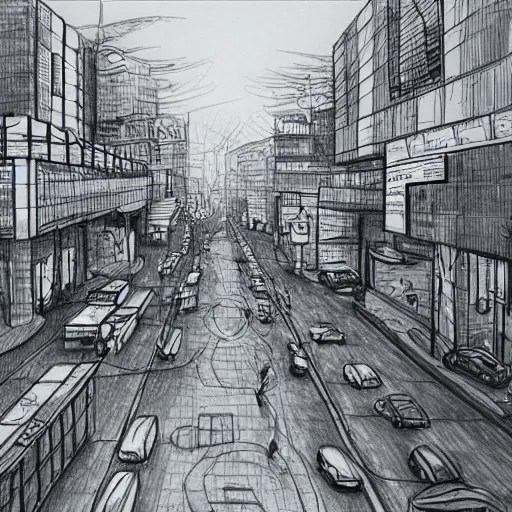Image similar to High detailed sketch of korean city street, pencil drawing, black and white, artstation, extreme detail