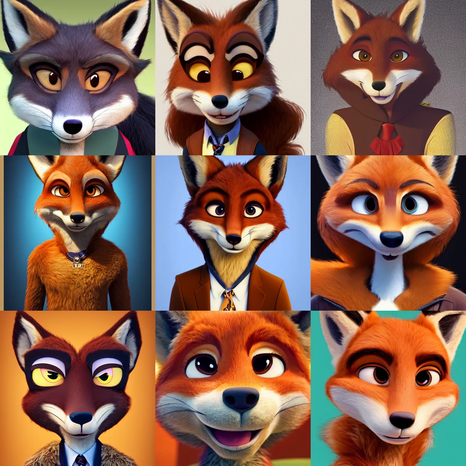 Prompt: a portrait of an anthropomorphic fox, furry fursona, with dark brown bangs and large eyes, disney zootopia style