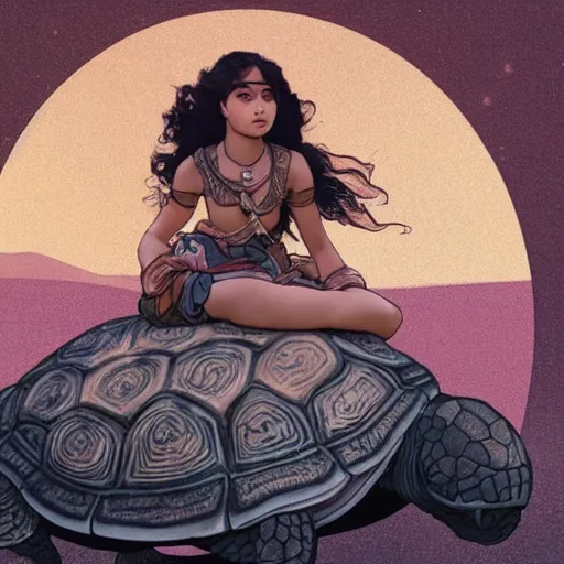 Image similar to a little warrior girl sitting on top of a giant turtle that is walking in the desert, seen from a distance. the girl is fully visible and has dark skin, realistic full body and a very beautiful detailed face with long black hair. diffuse light, dramatic sky and landscape, fantasy illustration by mucha