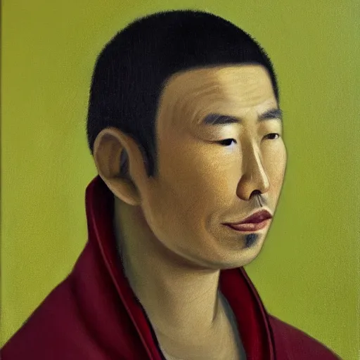 Prompt: portrait of an asian man with a blonde hair, a ponytail and a goatee. wearing a beige raincoat over a green neck sweater. oil painting, warm colors.