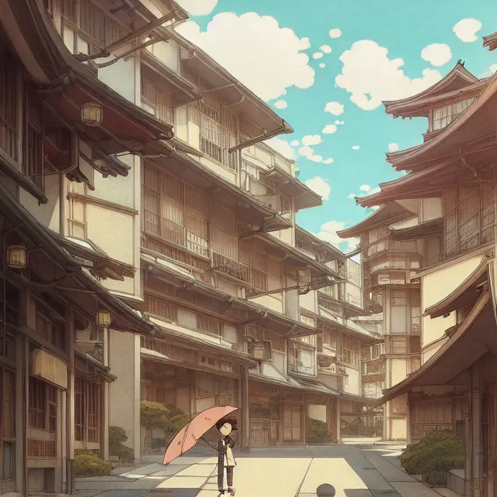 Image similar to empty japanese city, spring, in the style of studio ghibli, j. c. leyendecker, greg rutkowski, artem