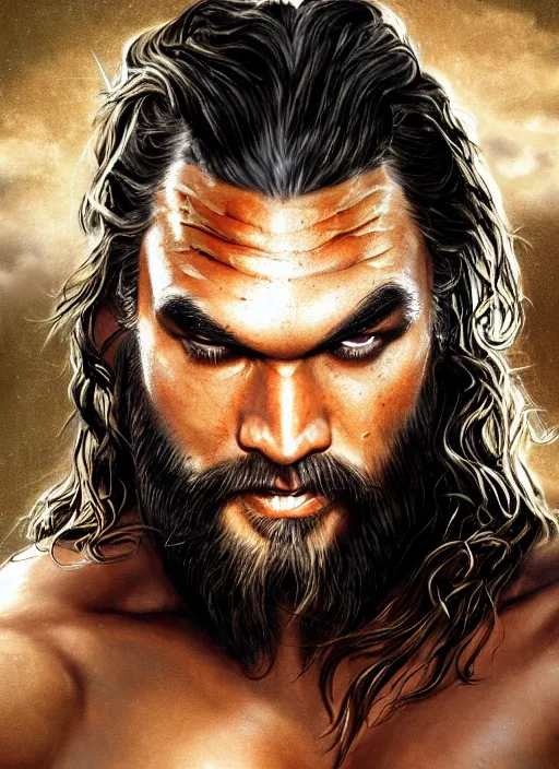 Image similar to jason momoa as khal drago by anne stokes and larry elmore, detailed matte painting, realistic portrait, symmetrical, highly detailed, digital painting, artstation, concept art, smooth, sharp focus, illustration, cinematic lighting, 8 k resolution