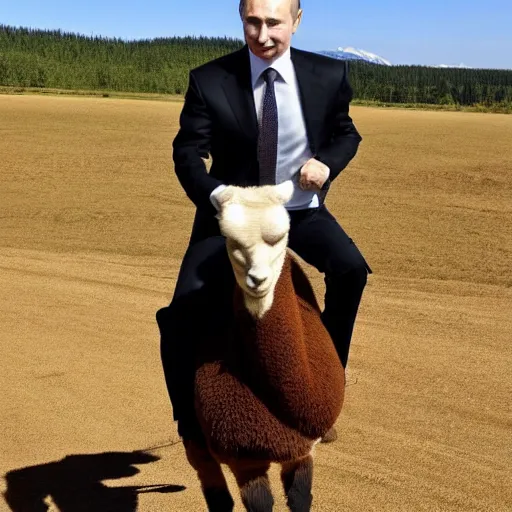 Prompt: vladimir putin riding a cute alpaca, epic shot