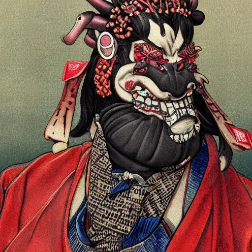 Image similar to a detailed portrait of a fashionable ancient japanese demon oni wearing a cyberpunk bosozoku outfit the style of william blake and norman rockwell, kubrick, muted color scheme, crisp, artstationhd