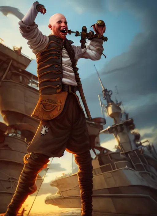 Image similar to An epic fantasy comic book style portrait painting of a skinny white bald sky-pirate with a goofy expression sitting in front of a ship's cannon, unreal 5, DAZ, hyperrealistic, octane render, cosplay, RPG portrait, dynamic lighting