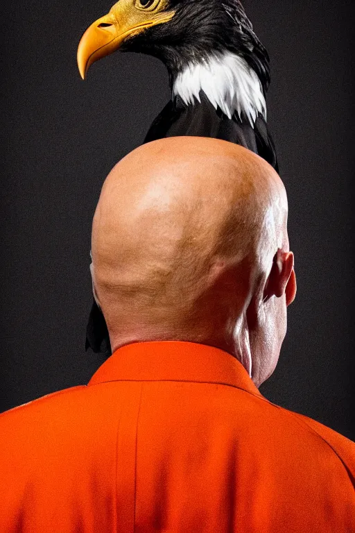 Image similar to Close-up portrait of Donald Trump in jail wearing orange clothes with an American bald eagle on standing on his head, octane, dramatic lighting, editorial photo, 35mm, very detailed