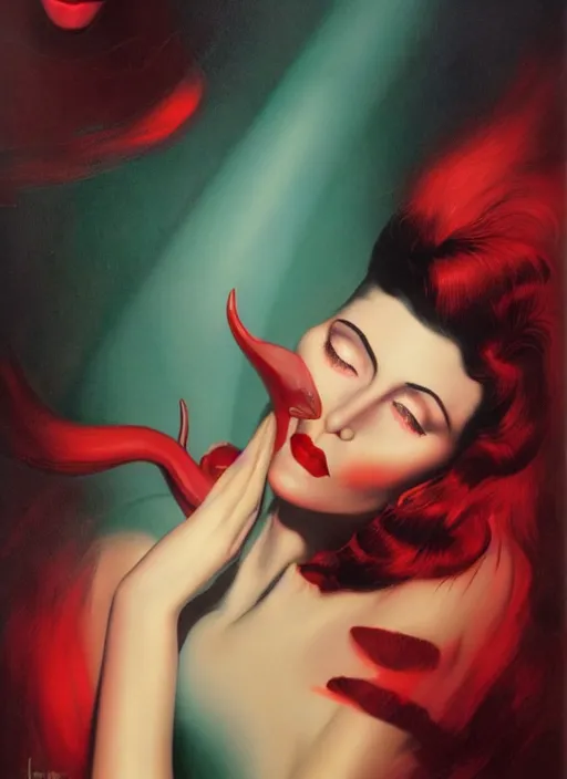 Image similar to an 8 0 s portrait of a woman with dark eye - shadow and red lips with dark slicked back hair dreaming acid - fueled hallucinations by serge lutens, rolf armstrong, delphin enjolras, peter elson