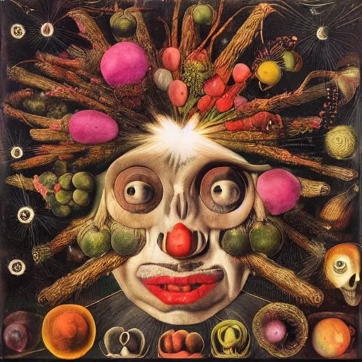 Image similar to album cover, new age, black, white, pink, psychedelic, space, giuseppe arcimboldo