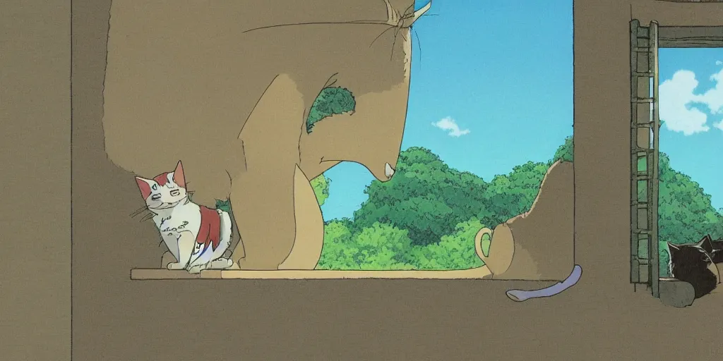 Prompt: a studio ghibli illustration of a cat waiting for his owner, atmospheric, widescreen