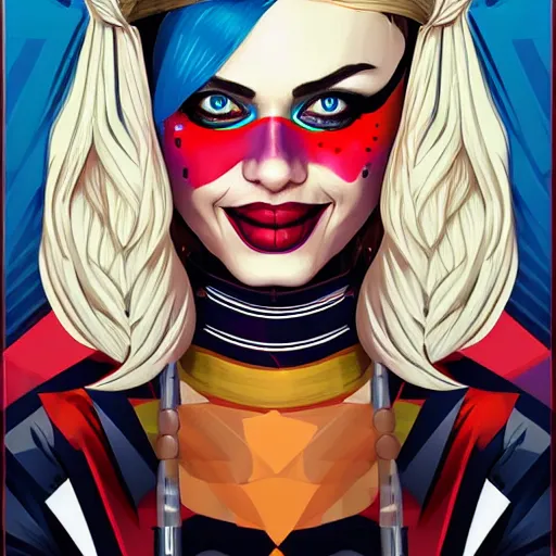 Image similar to Harley Quinn portrait by Tristan Eaton, geometric, trending dribble, behance