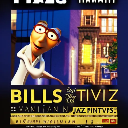 Image similar to Bill Evans Pixar Movie, jazzman, pianist, 3D animated