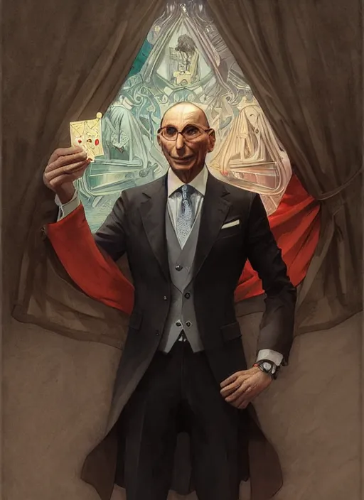 Image similar to enrico letta, wearing a suit, tarot card, deep focus, d & d, fantasy, intricate, elegant, highly detailed, digital painting, artstation, concept art, matte, sharp focus, italian flag, illustration, hearthstone, art by artgerm and greg rutkowski and alphonse mucha