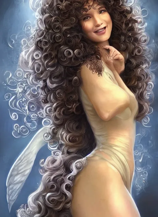 Prompt: beautiful female angel, brunette with big smile and curly hairstyle, looks like Ebru Şahin, Reyyan, looks like Fabiula Nascimento, looks like Laura Barriales, D&D, fantasy, intricate, elegant, highly detailed, digital painting, artstation, concept art, character design, smooth, sharp focus, illustration, art by artgerm and greg rutkowski and alphonse mucha