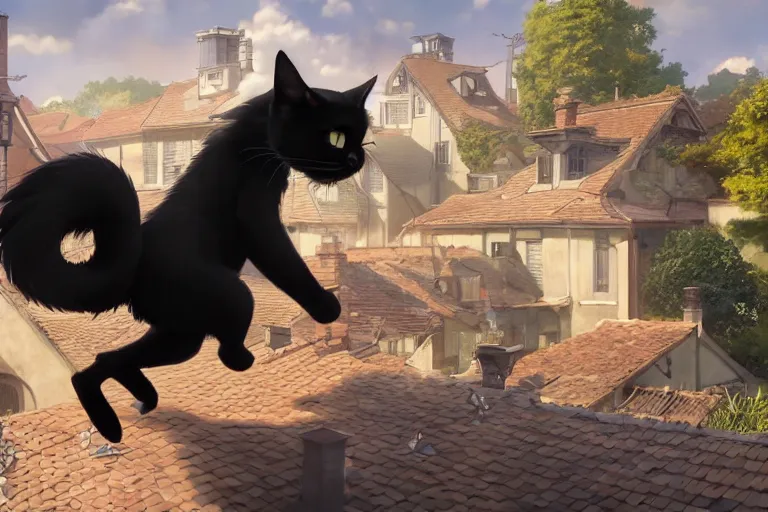 Image similar to a wholesome animation key shot of a black cat jumping between roofs with tiles, medium shot, studio ghibli, pixar and disney animation, sharp, rendered in unreal engine 5, anime key art by greg rutkowski, bloom, dramatic lighting