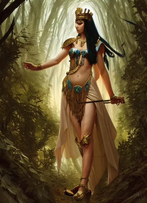 Image similar to cleopatra as the angel of death in a forest, deep focus, d & d, fantasy, intricate, elegant, highly detailed, digital painting, artstation, concept art, matte, sharp focus, illustration, hearthstone, art by artgerm and greg rutkowski and alphonse mucha
