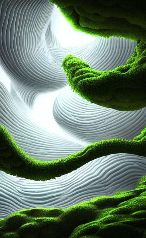 Image similar to highly detailed ultra sharp 3 d render cinematic composition of a smooth ceramic porcelain magnolia stone nebula biomorphic fluid fractal sci - fi surreal architecture landscape, metallic, white marble, foliage moss, vincent callebaut composition, mamou - mani, archviz, beautiful lighting, 8 k, unreal engine, hdr,