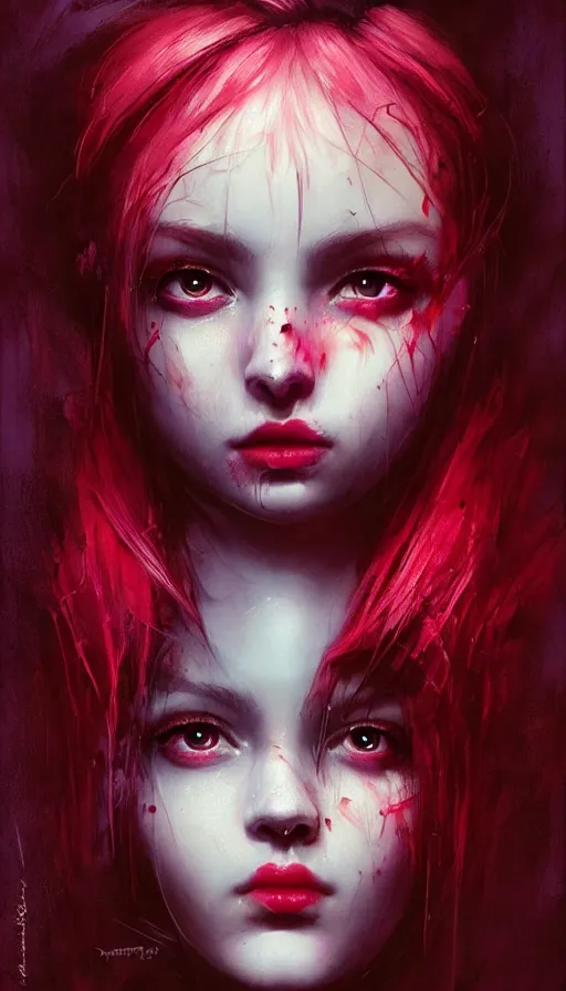 Image similar to shot of sinister girl with pouty aerochrome ( ( ( lips ) ) ), fungal, adorable, expressive eyes, kawaii playful pose of a dancer, greg rutkowski, charlie bowater, yuumei, stephen gammell, unreal 5, daz, hyperrealistic, dark, dynamic lighting, fantasy art, beautiful face