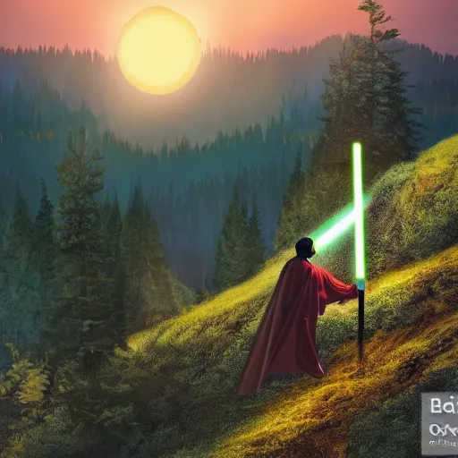 Image similar to man with a cape and holding a lightsaber, on a hill, forest and mountains in background, sunrise, highly detailed, realistic