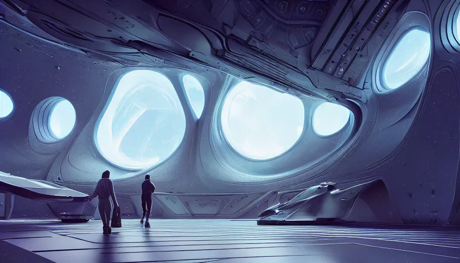 Image similar to the inside of a monument with space motifs, by tim blandin and arthur haas and bruce pennington and john schoenherr, big windows architecture by zaha hadid, octane render, cinematic, scenery, cgsociety, modernism, futuristic, trending on artstation, sci - fi, high detail, high quality, close up angle, people walking