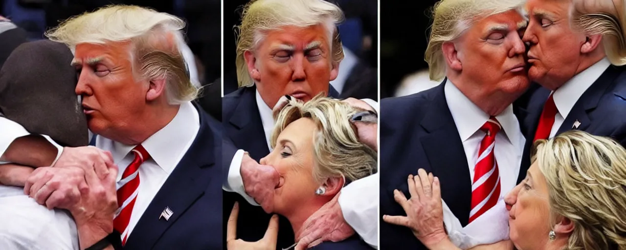 Image similar to AP PHOTO Donald trump seen kissing Hillary Clinton. They are both hiding