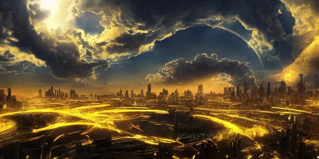 Prompt: a professional photographic view picture of a huge yellow neon ring in the sky ,photographic filter unreal engine 5 realistic hyperdetailed 8k ultradetail cinematic concept art volumetric lighting, fantasy artwork, very beautiful scenery, very realistic painting effect, hd, hdr, cinematic 4k wallpaper, 8k, ultra detailed, high resolution, artstation trending on artstation in the style of Albert Dros glowing rich colors powerful imagery nasa footage drone footage drone photography