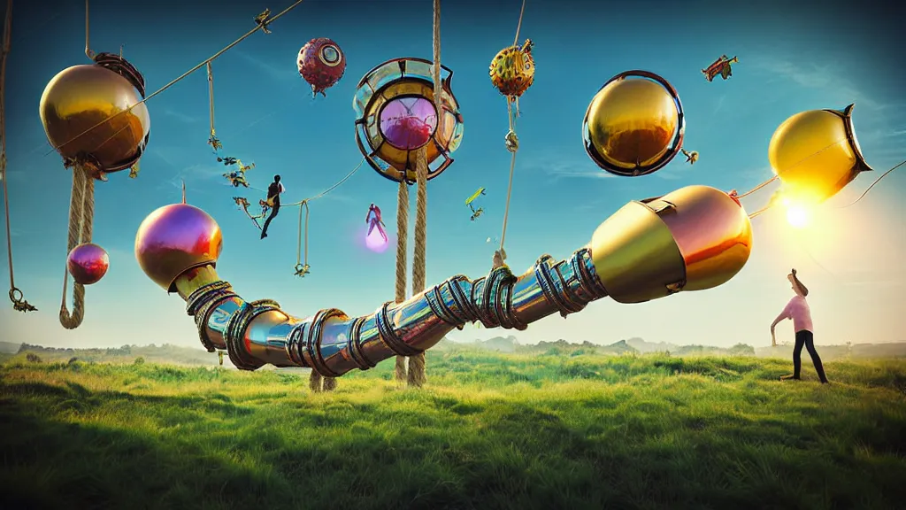 Image similar to large colorful futuristic space age metallic steampunk balloons with pipework and people on rope swings underneath, flying high over the beautiful countryside landscape, professional photography, 8 0 mm telephoto lens, realistic, detailed, digital art, unreal engine