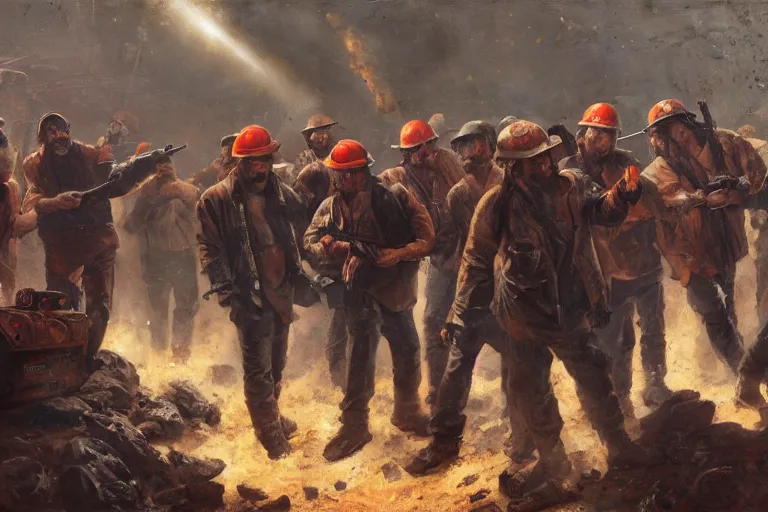 Prompt: intense dramatic still of a ragtag group of miners and factory workers with improvised weapons and firearms and red bandanas around their necks, on the surface of an asteroid, outside of a high tech scifi industrial building, oil painting by charles frederic ulrich, pablo olivera, normal rockwell, greg rutkowski, trending on artstation, incredible detail