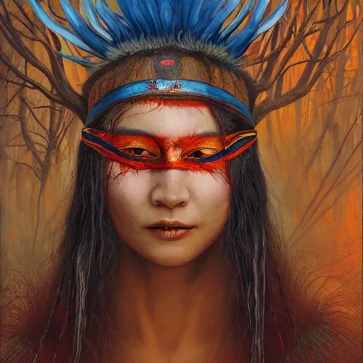 Image similar to A young blindfolded shaman woman with a decorated headband from which blood flows, blue hair and wood on her head. The background is a forest on fire, made by Esao Andrews and Karol Bak and Zdzislaw Beksinski