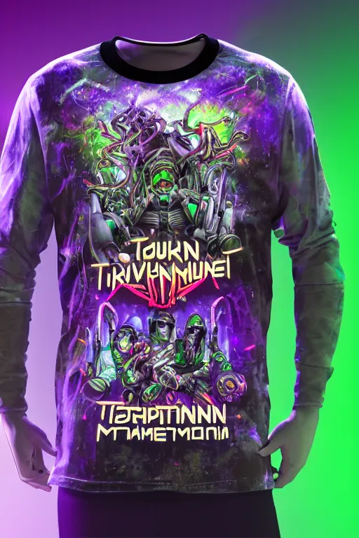 Prompt: mockup of a band tshirt, bandname is tripmachine, tourname is invasion of the tripmachines, realistic digital art, 3 d render of a huge futuristic steampunk generator, 8 k, fluorescent colors, halluzinogenic, multicolored, exaggerated detailed, unreal engine