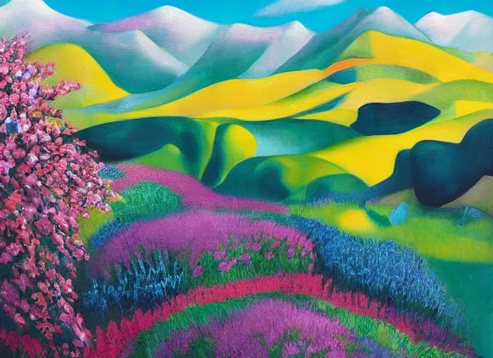 Image similar to mountain landscape in spring!!, flowers, teal landscape, dreamy light, sunny complementary palette, by and jacek yerga and tamara de lempicka and jesse king, pop surrealist, wiccan