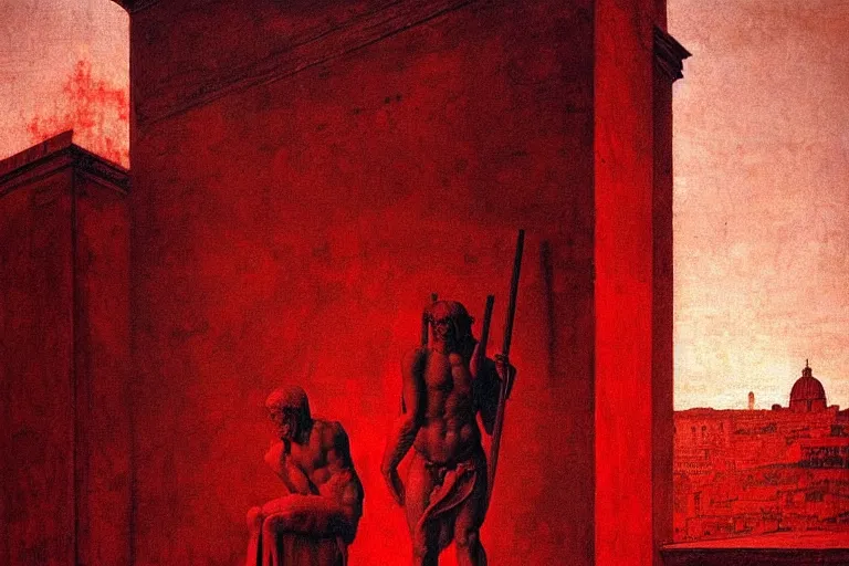 Image similar to only with red, caesar after war, a red tiger, in hoc signo vinces, rome in background, an ancient path, in the style of beksinski, part by hopper, part by rodcenko, part by hofbauer, intricate composition, red by caravaggio, insanely quality, highly detailed, masterpiece, red light, artstation