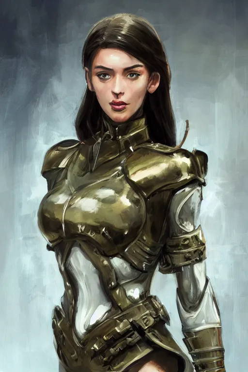 Image similar to a professionally painted portrait of an attractive young woman, clothed in military armor, olive skin, long dark hair, beautiful bone structure, symmetrical facial features, intricate, elegant, digital painting, trending on Artstation, concept art, smooth, sharp focus, illustration, from Metal Gear by Ruan Jia and Mandy Jurgens and Artgerm and William-Adolphe Bouguerea, award winning