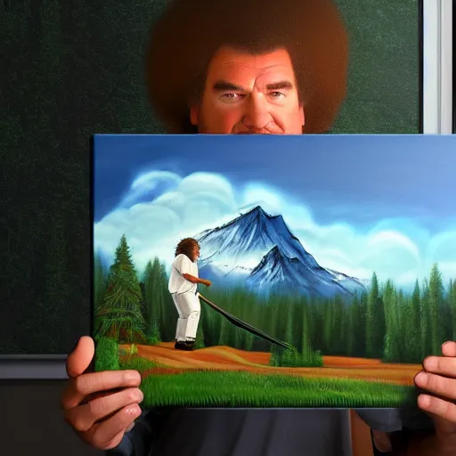 Image similar to a closeup photorealistic photograph of bob ross completing a canvas painting of kenny powers. mountains and trees. film still. brightly lit scene. this 4 k hd image is trending on artstation, featured on behance, well - rendered, extra crisp, features intricate detail, epic composition and the style of unreal engine.