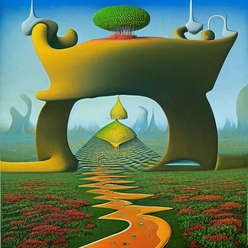 Image similar to the path less taken by jacek yerka, roger dean and salvadore dali w - 7 6 8