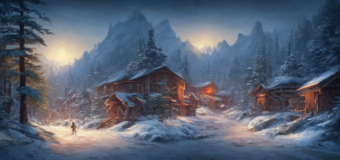 Prompt: wooden walled snowy northern frontier town, tall pine forest and mountains, fantasy art, Jordan Grimmer, Noah Bradley