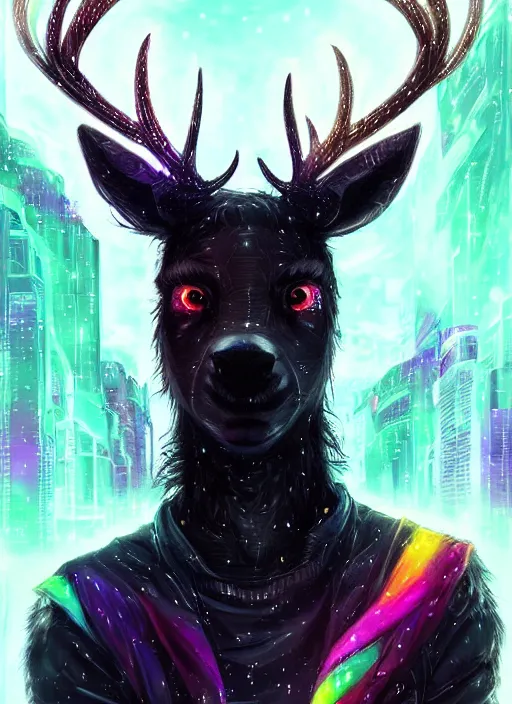 Image similar to award winning beautiful portrait commission of a male furry anthro Black Reindeer cyberpunk fursona with a tail, wings, wings, wings and a cute beautiful attractive detailed furry face wearing stylish black and rainbow galaxy clothes, outline, in a cyberpunk city at night while it rains. Character design by charlie bowater, ross tran, artgerm, and makoto shinkai, detailed, inked, western comic book art