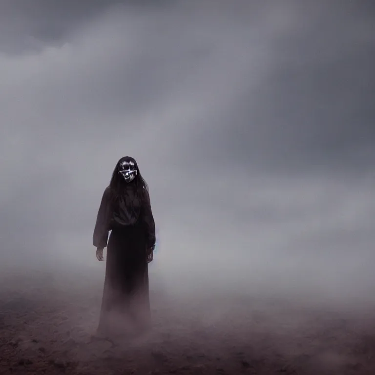 Prompt: The full body shot of beautiful pale woman with many flowers and full-face black mask inside a thick cloud black smoke in rocky desert landscape, glowing eyes, falling star on the horizon by Christopher Doyle, Gaspar Noe, Alejandro Jodorowsky, anamorphic lens, cinematic composition, award winning photo, 8k