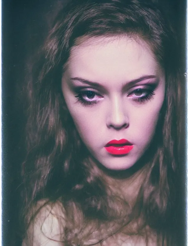 Image similar to portrait girl with smokey eyes makeup in motel, redshift, wide high angle coloured polaroid photograph with flash, kodak film, hyper real, stunning moody cinematography, with anamorphic lenses, by maripol, fallen angels by wong kar - wai, style of suspiria and neon demon and children from bahnhof zoo, detailed