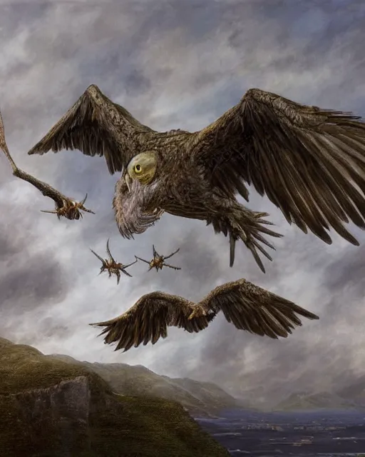 Image similar to wide shot low angle full body hyppogriff from Harry Potter and the Prisoner of Azcaban flying in the sky, highly detailed, sharp focus, digital painting, oil painting, artwork, museum work, by Robert Bateman, by Carl Brenders,