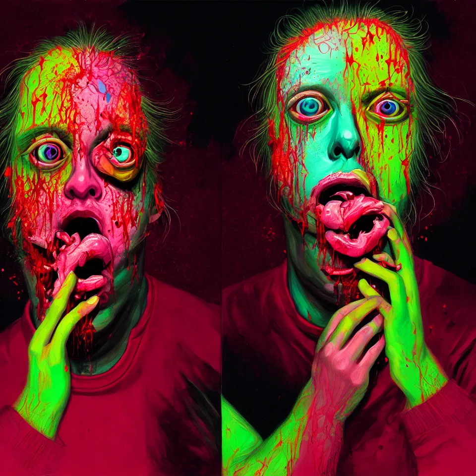 Image similar to bright psychedelic todd solondz eating rotten flesh, crying tears of blood and puking, diffuse lighting, fantasy, intricate, elegant, highly detailed, lifelike, photorealistic, digital painting, artstation, illustration, concept art, smooth, sharp focus, art by francis bacon