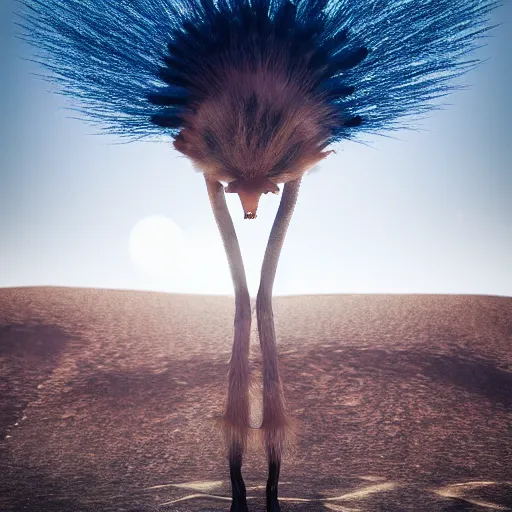 Prompt: an alien creature in the desert, 4 legs, hairs like a lion, antlers, particles in the background, octane render