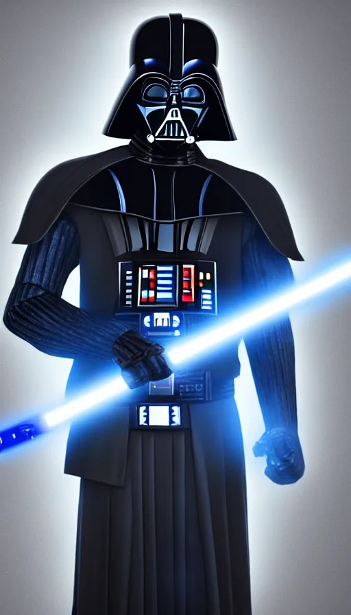 Image similar to A blue Darth Vader suit holding a blue lightsaber, 4k, dark background, 3d,