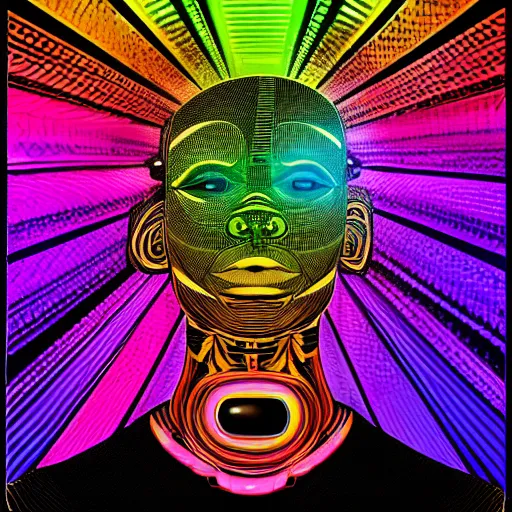 Prompt: fashion photo of a black tshirt with a hyperdetailed portrait of a futuristic trippy cute meditating robot, 8 k, symetrical, fluorescent colors, halluzinogenic, multicolored tshirt art,