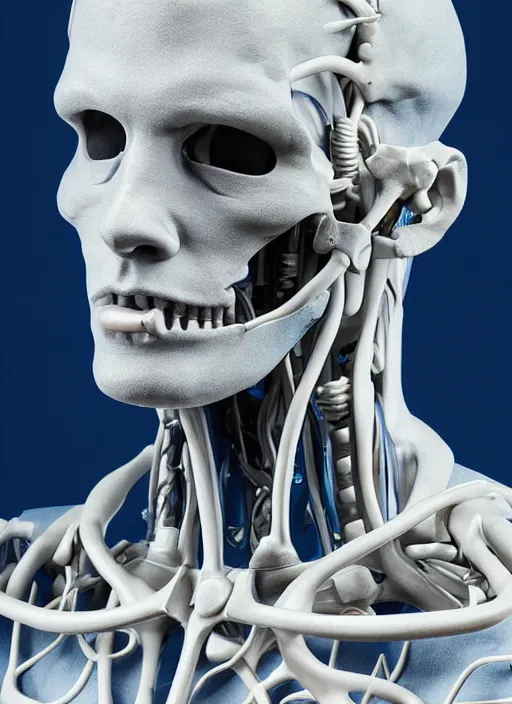 Image similar to a bust sculpture of anatomical detailed cyborg, blue blood ceramic base, orthographic, studio lighting