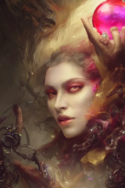 Image similar to face closeup of beautiful girl necromancer, witch - doctor covered with velvet exploding into crystals, angels, 3 d render, hyper realistic detailed portrait, holding crystal ball, ruan jia, wlop. scifi, fantasy, hyper detailed, octane render, concept art, peter mohrbacher