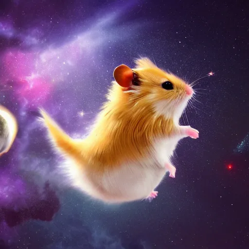 Image similar to Epic digital art of cute hamster flying in galaxy, the best on ArtStation, cinematic, detalied, high quality, profesional, 8k, CGSociety,