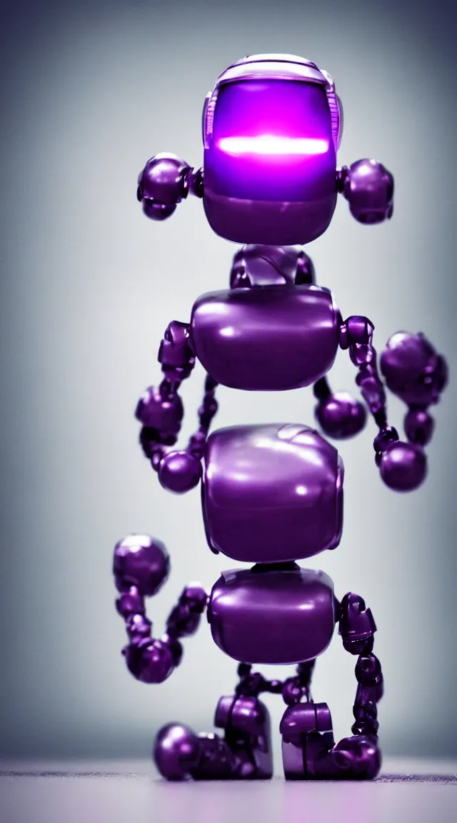 Image similar to portrait of a tiny robot on a desk, professional photo, hdr, bokeh, sci fi, purple